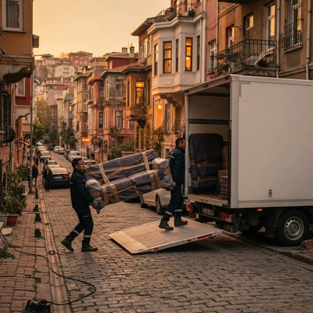Şehirler arası taşıma için yüklenen kapalı kasa nakliye aracı