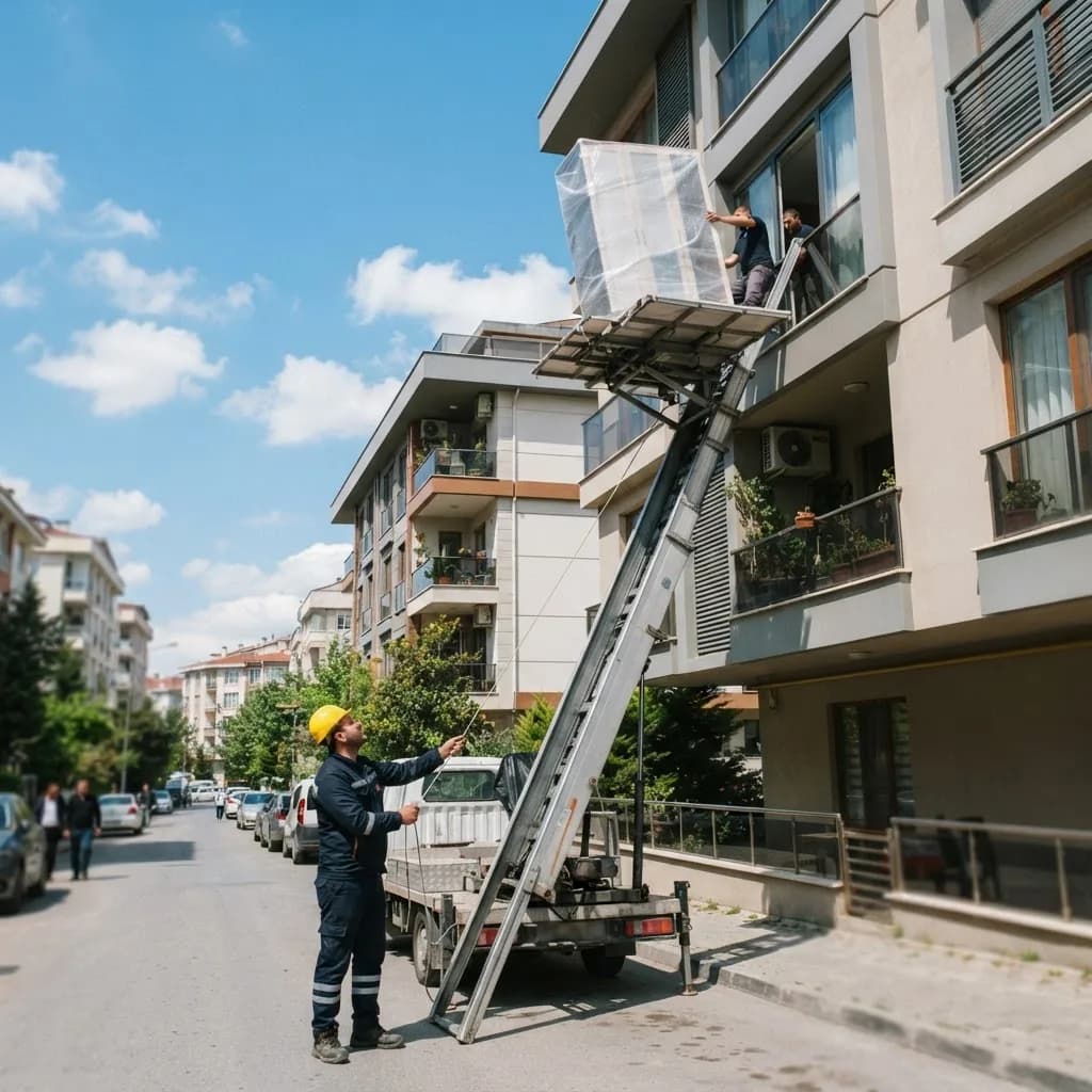Dördüncü kat balkonuna uzatılmış mobilya asansörü ile eşya indirme